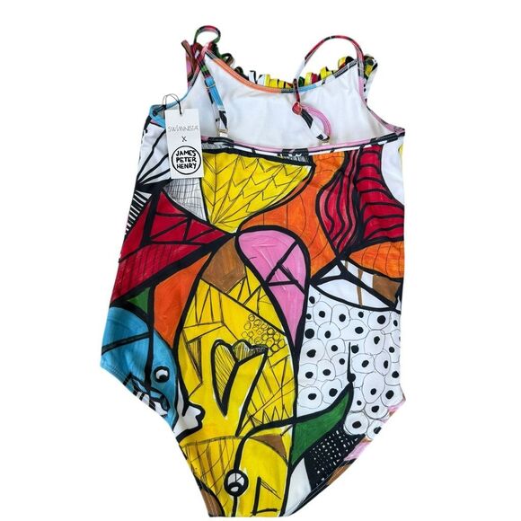 Swiminista X James Peter Henry girls Sydney print fringe swimsuit XL New - Picture 2 of 6